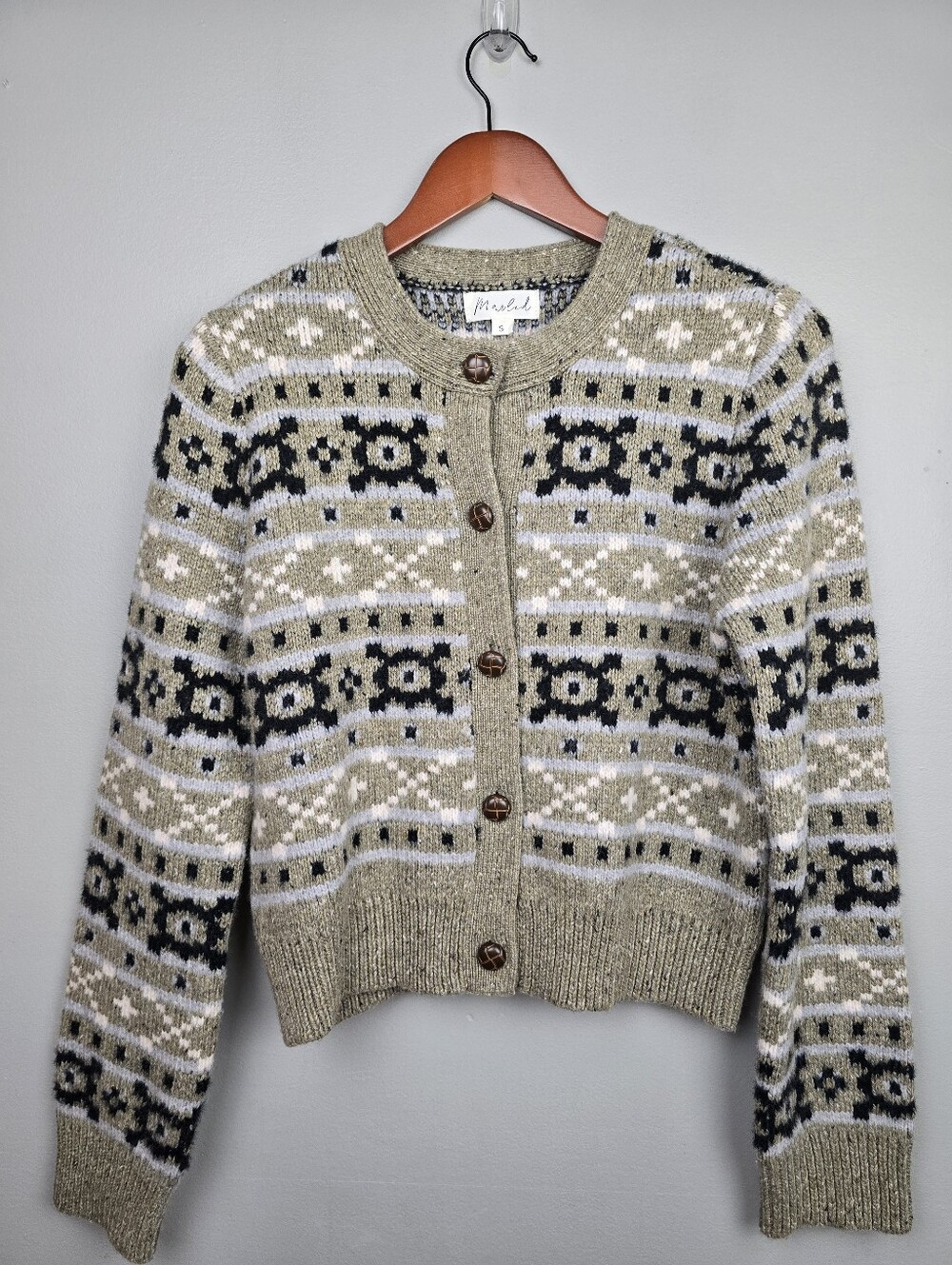 Cozy Academia Marled Fair Isle button-front crewneck cardigan sweater Women Sz S